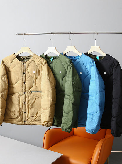 Collarless Down Jacket – Wave Quilting & Snap Front