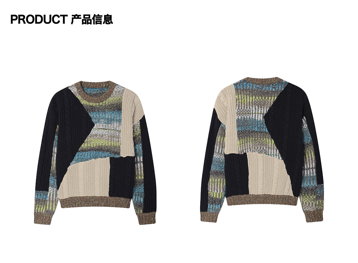 Heavy-weight twisted patchwork gradient back collar camel wool sweater