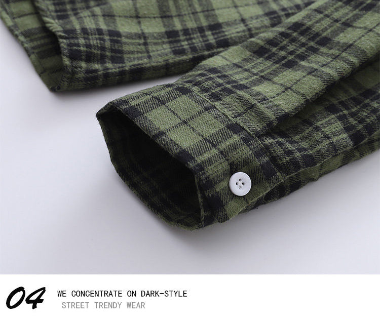 Vintage Sanded Green Plaid Long Sleeve Shirt – Loose Unisex Casual