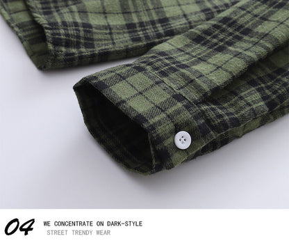 Vintage Sanded Green Plaid Long Sleeve Shirt – Loose Unisex Casual