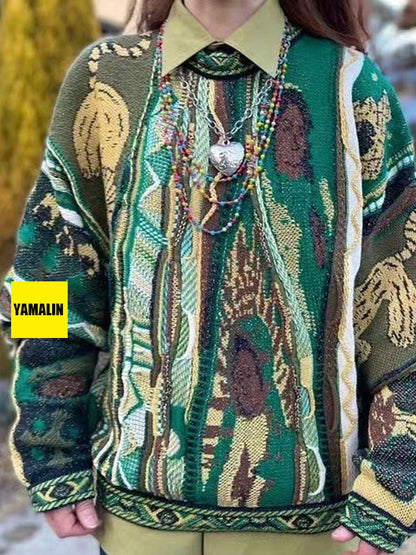 Vintage Green Lion Knit Sweater - Japanese Retro Crew Neck Pullover