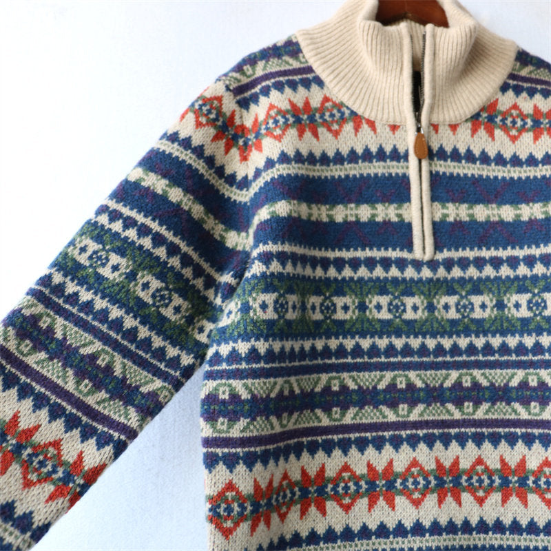 100% Wool Half-Zip Jacquard Stripe Sweater – Men's Ethnic Knit Pullover Khaki