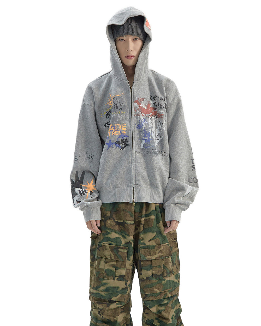 Vintage Distressed Letter Print Zip-Up Hoodie – Oversized Hip-Hop Sweatshirt