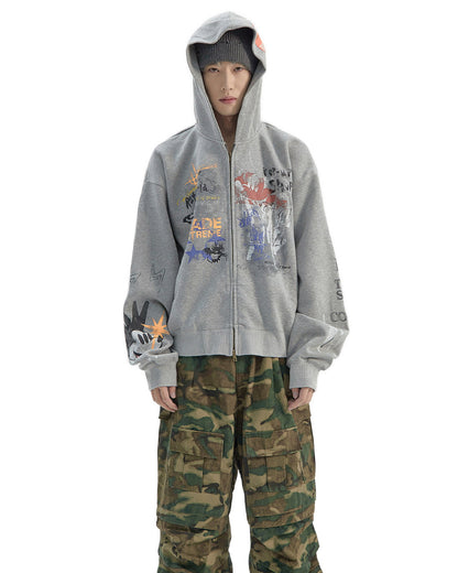 Vintage Distressed Letter Print Zip-Up Hoodie – Oversized Hip-Hop Sweatshirt