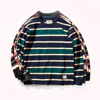 Heavy 300g Cotton Striped Long Sleeve T-Shirt – Japanese Retro Loose Unisex – T-Shirts | japanese streetwear | vintage workwear | unisex | Yamalinclothes