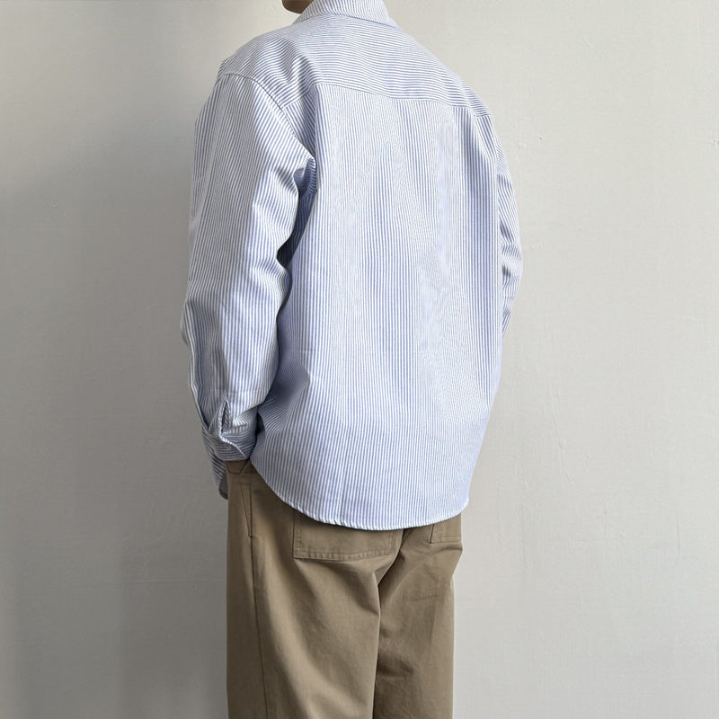 Japanese Vintage Blue & White Striped Oxford Cargo Shirt – Loose Fit Lapel Long Sleeve – Japanese vintage | yamalin clothes | Yamalinclothes