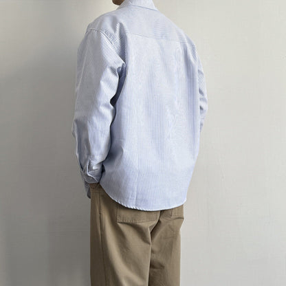 Japanese Vintage Blue & White Striped Oxford Cargo Shirt – Loose Fit Lapel Long Sleeve – Japanese vintage | yamalin clothes | Yamalinclothes