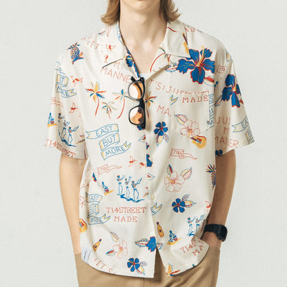 قميص هاواي صيفي بأكمام قصيرة بتصميم مريح ونقوش زهور للرجال والنساء، تصميم عصري، وأسلوب فريد.