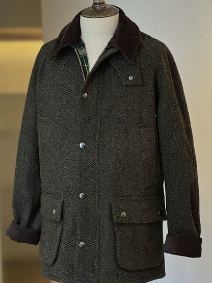 Wool Tweed Jacket – Herringbone & Contrast Collar | Yamalin clothes | Vintage workwear outfit for men