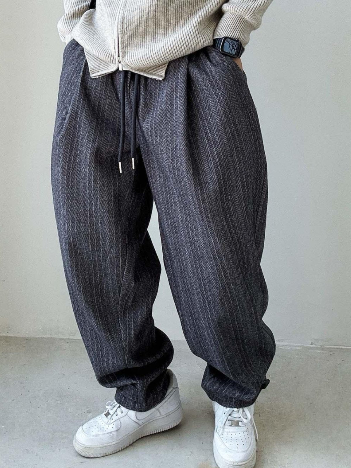 Herringbone Woolen Pants – Relaxed Straight Leg
