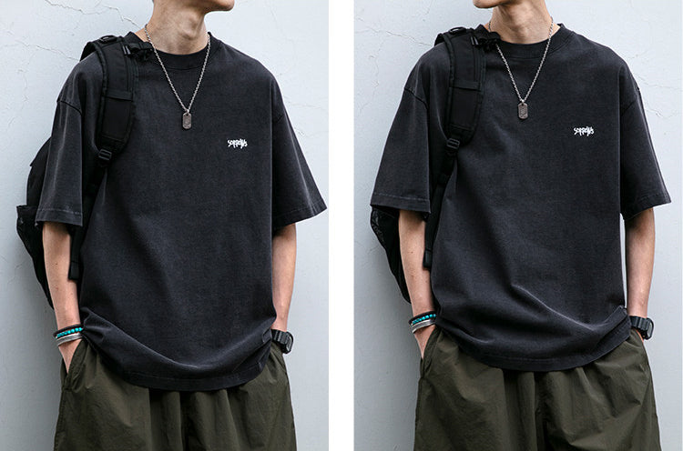 320G Heavyweight Washed Distressed Short Sleeve T-Shirt – Letter Embroidery Vintage Tee for Men – Japanese vintage | yamalin clothes | Yamalinclothes