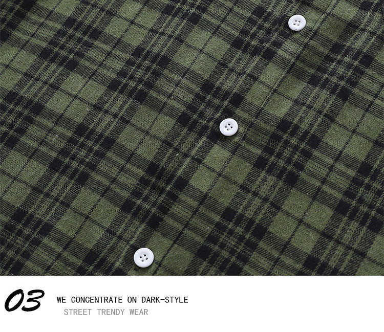 Vintage Sanded Green Plaid Long Sleeve Shirt – Loose Unisex Casual