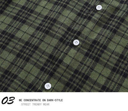Vintage Sanded Green Plaid Long Sleeve Shirt – Loose Unisex Casual