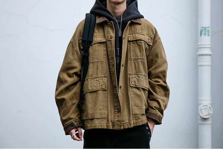 Cotton Cargo Jacket – Corduroy Collar & Four Pockets | Yamalin clothes | Vintage workwear outfit for men