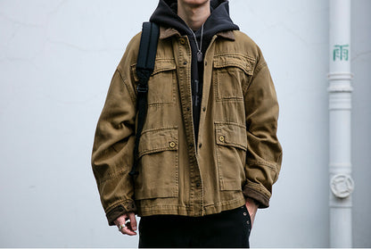 Cotton Cargo Jacket – Corduroy Collar & Four Pockets | Yamalin clothes | Vintage workwear outfit for men