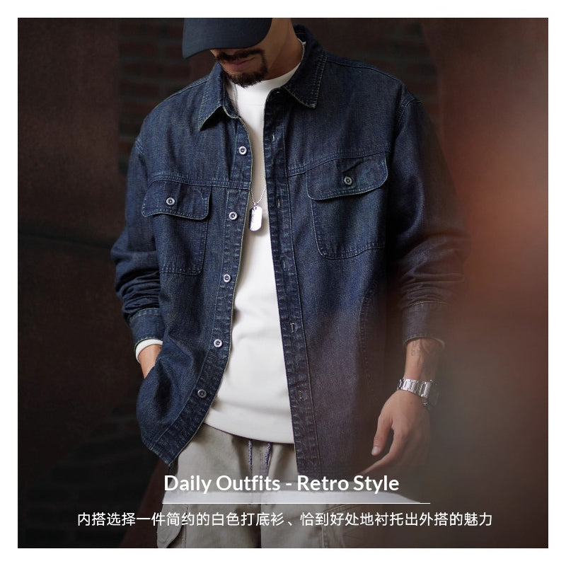 American Workwear Long Sleeve Denim Shirt Jacket - Loose Casual Vintage Denim Overshirt for Men