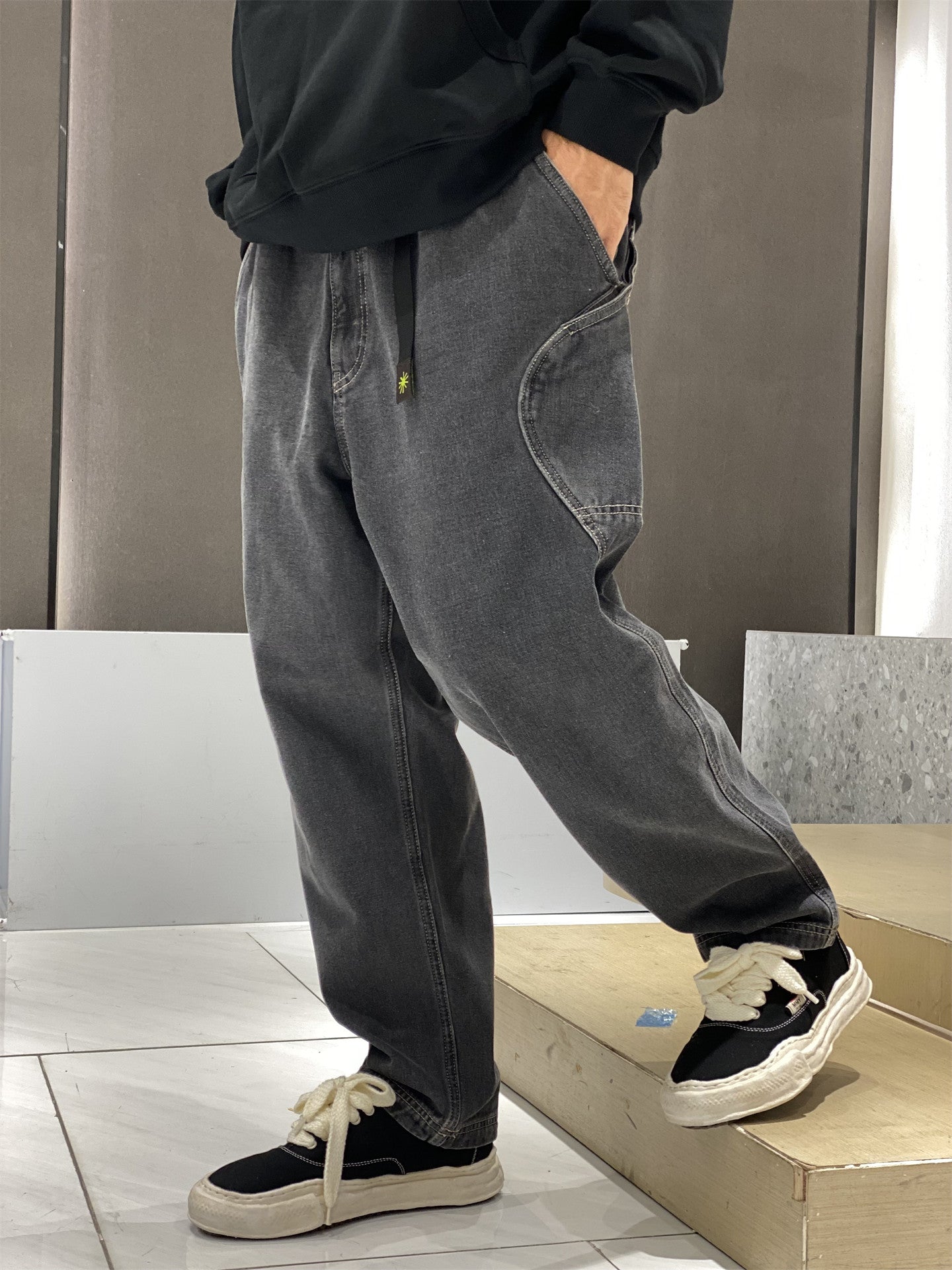 Japanese Washed Distressed Cropped Jeans – Elastic Waist Relaxed Fit Streetwear