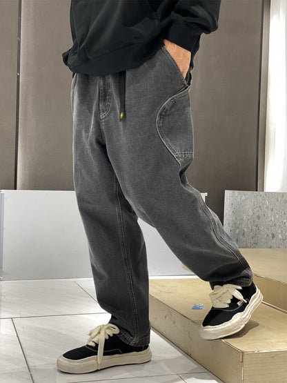 Japanese Washed Distressed Cropped Jeans – Elastic Waist Relaxed Fit Streetwear