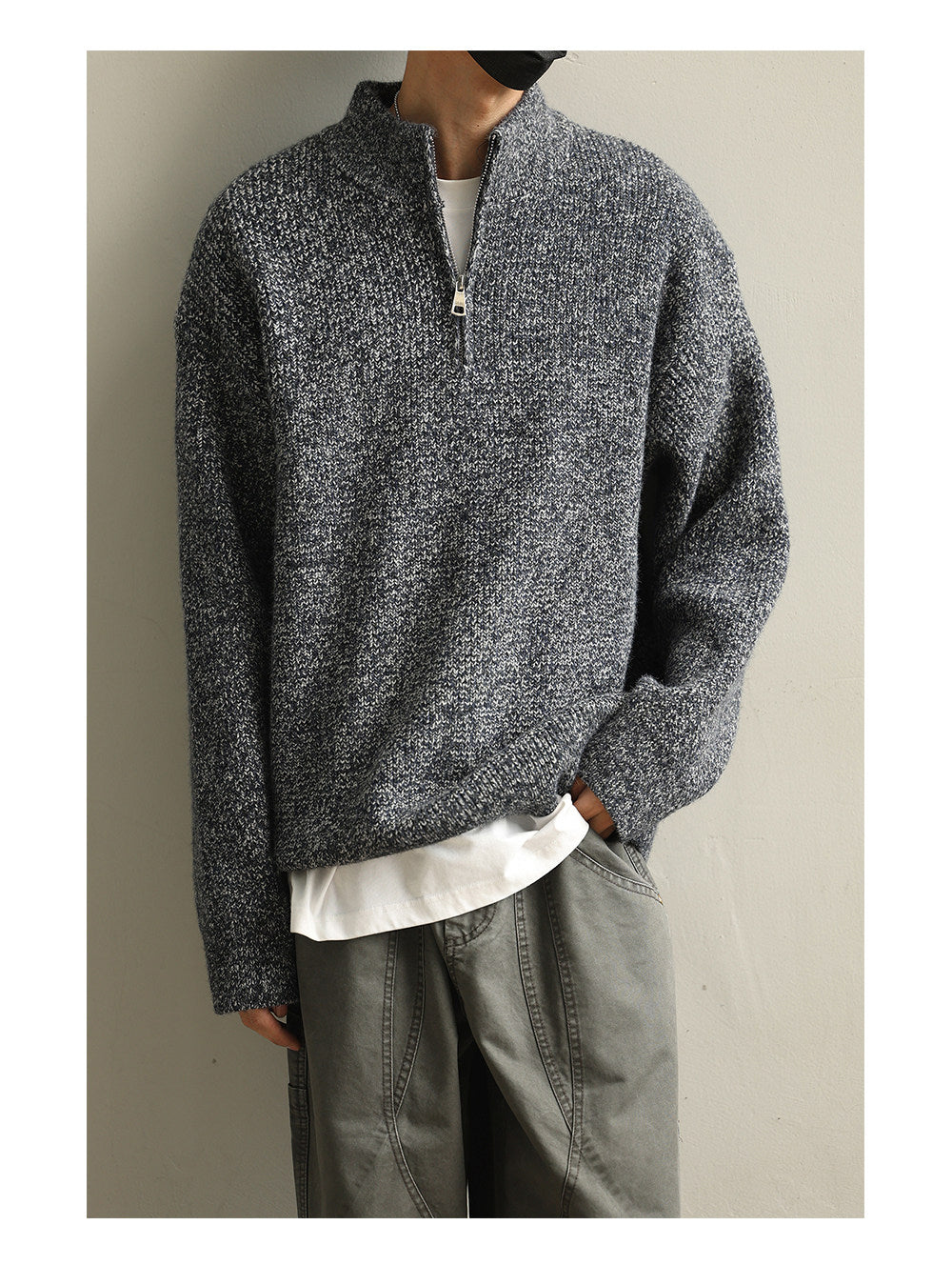 Stand Collar Half-Zip Pullover Sweater – Japanese Loose Unisex – Sweater pullover | japanese streetwear | vintage workwear | unisex | Yamalinclothes
