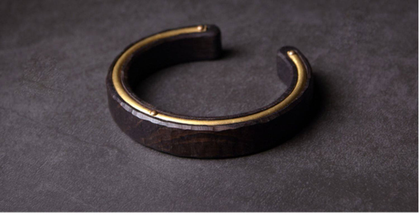 Ebony Wood Open Bangle – Handmade Ethnic Vintage Brass Bracelet Unisex