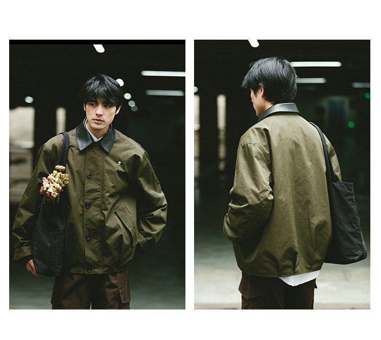 American Vintage Hunting Jacket – Heavy Leather-Collar Harrington Cargo Coat Unisex