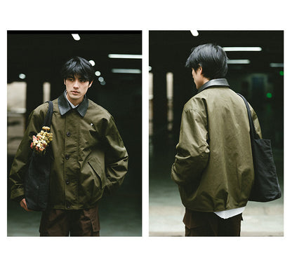 American Vintage Hunting Jacket – Heavy Leather-Collar Harrington Cargo Coat Unisex