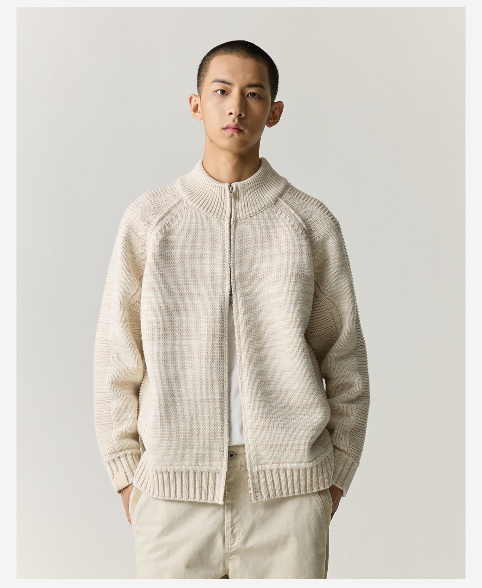 Merino Wool Blend Zip Cardigan – Heavyweight Panel Knit Coat – Japanese vintage | yamalin clothes | Yamalinclothes