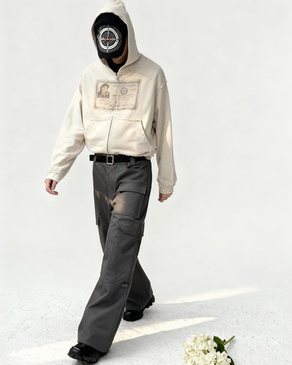 EssorNovus Michael Jackson passport print raw edge old zip hoodie sweatshirt