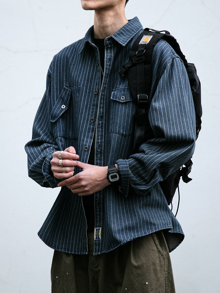Striped Denim Shirt – Asymmetric Chest Pockets | Yamalinclothes