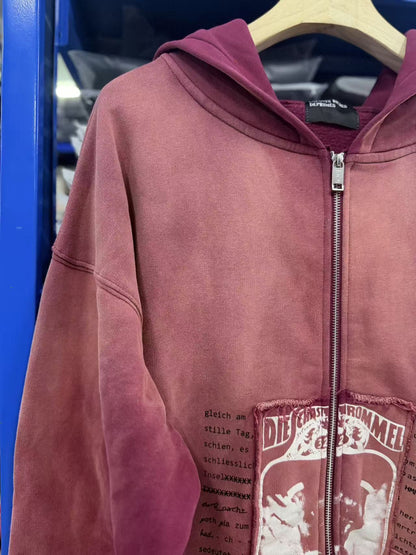Washed Distressed Zip-Up Hoodie – Men's Oversized Casual Sweatshirt Jacket
