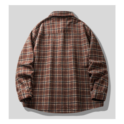 Brushed Plaid Long Sleeve Shirt Jacket – Vintage Loose Unisex Casual