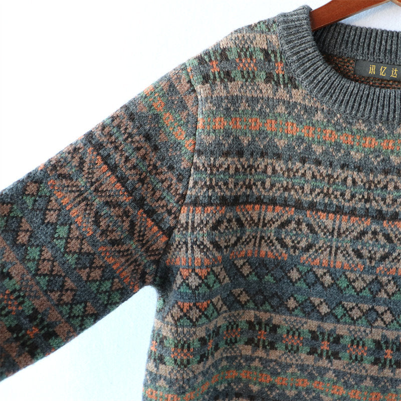 100% Wool Jacquard Stripe Crew Neck Sweater – Men's Thick Knit Pullover