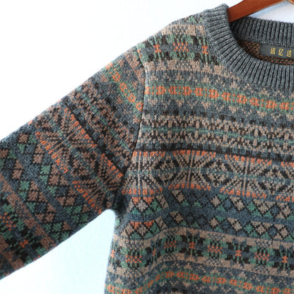 100% Wool Jacquard Stripe Crew Neck Sweater – Men's Thick Knit Pullover