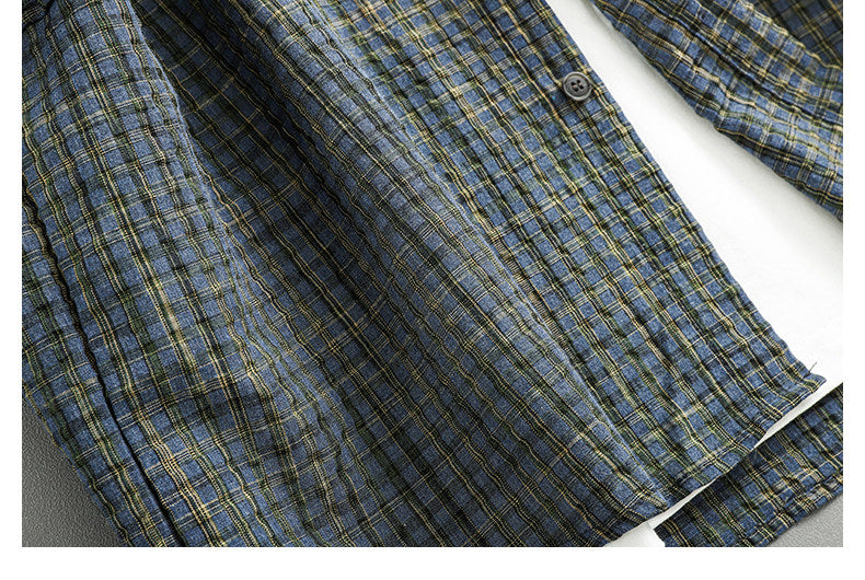 Retro Seersucker Plaid Shirt – Loose Fit Japanese Summer Short Sleeve for Men – Japanese vintage | yamalin clothes | Yamalinclothes