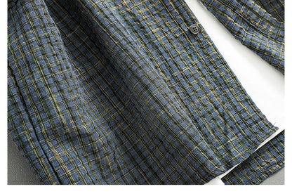 Retro Seersucker Plaid Shirt – Loose Fit Japanese Summer Short Sleeve for Men – Japanese vintage | yamalin clothes | Yamalinclothes
