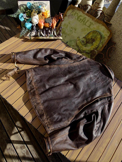 Stone-Washed Distressed Cowhide Leather Jacket – Men's American Retro Cargo Coat