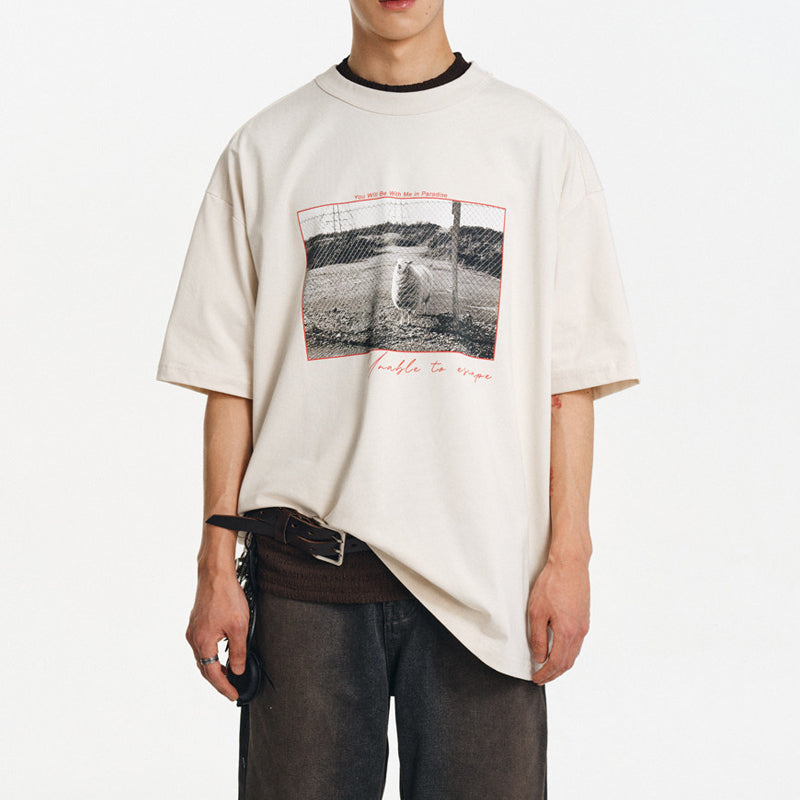 White ink direct printing cool-feel sun protection loose round neck short-sleeved shirt | Japanese vintage | yamalin clothes | Yamalinclothes