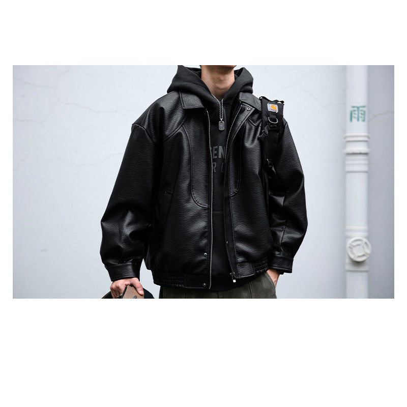 Lychee-Grain PU Leather Lapel Jacket – American Retro Oversized Unisex