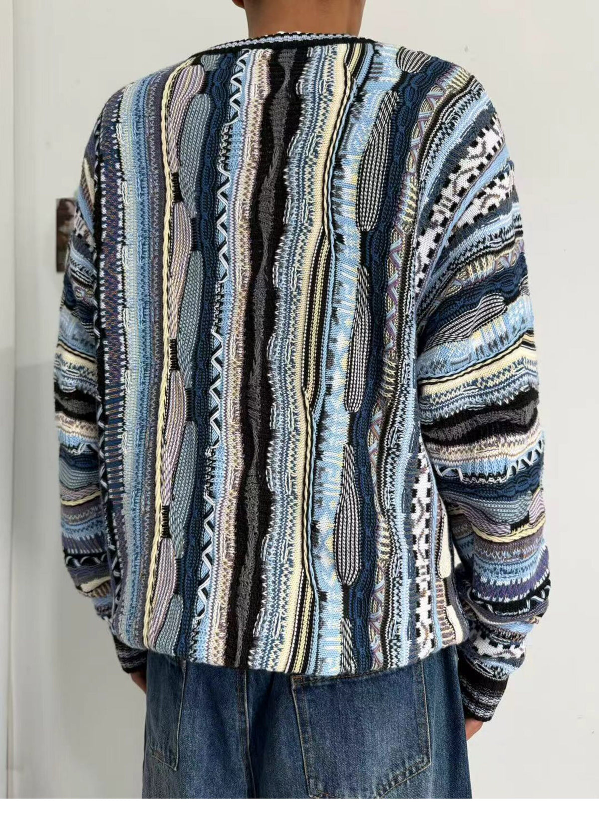 Vertical Stripe Patchwork Jacquard Crew Neck Sweater – Loose Unisex