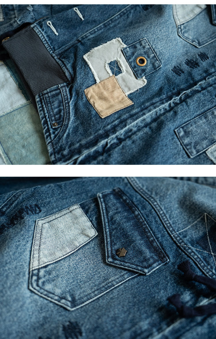 Hand-Embroidered Washed Old Denim Jacket – Patch Detail (Unisex)