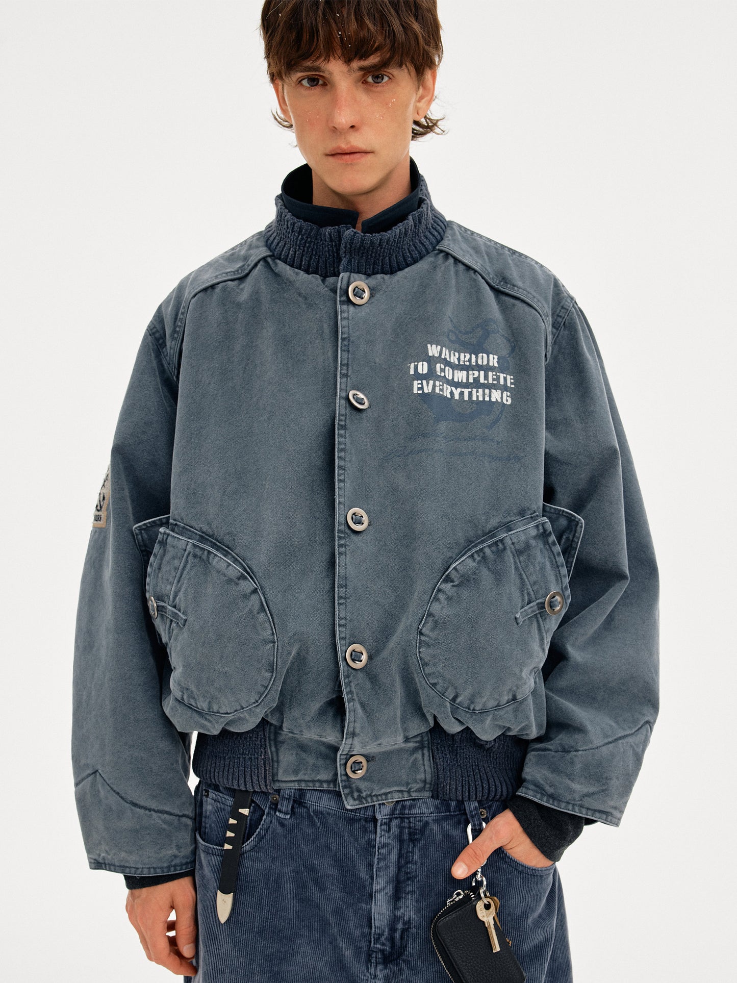Heavyweight Washed Cotton Stand Collar Workwear Jacket – Oversized Unisex Short Coat