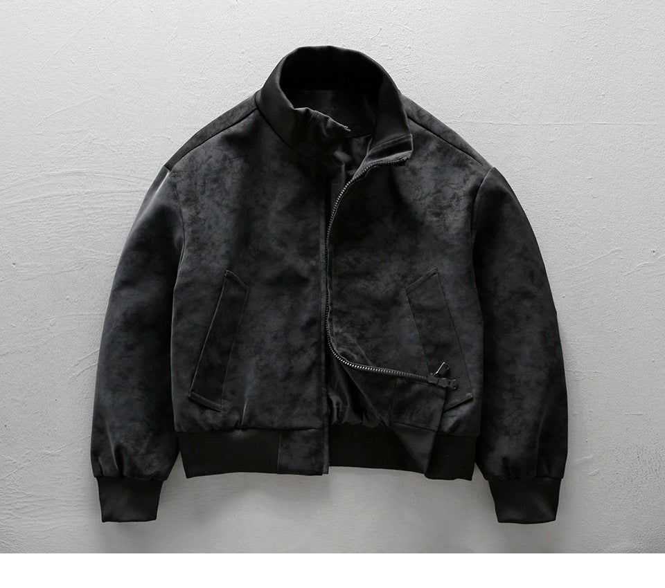 American Vintage Suede PU Leather Stand-Collar Jacket – Oversized Men’s Moto Coat