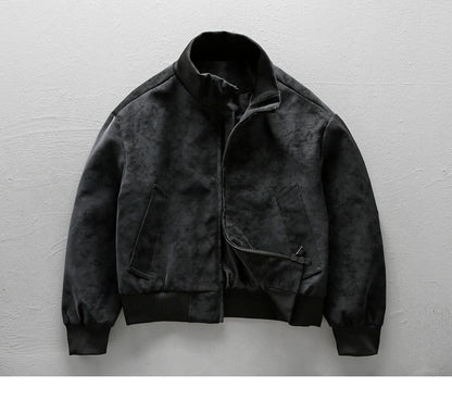 American Vintage Suede PU Leather Stand-Collar Jacket – Oversized Men’s Moto Coat