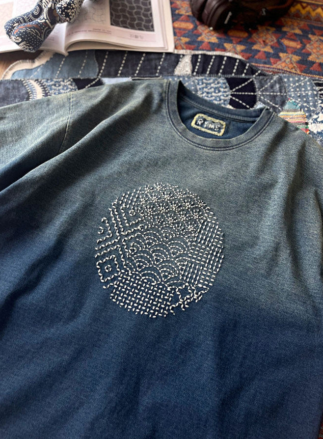 Cotton T-Shirt – Gradient Wash & Sashiko Embroidery | Yamalinclothes