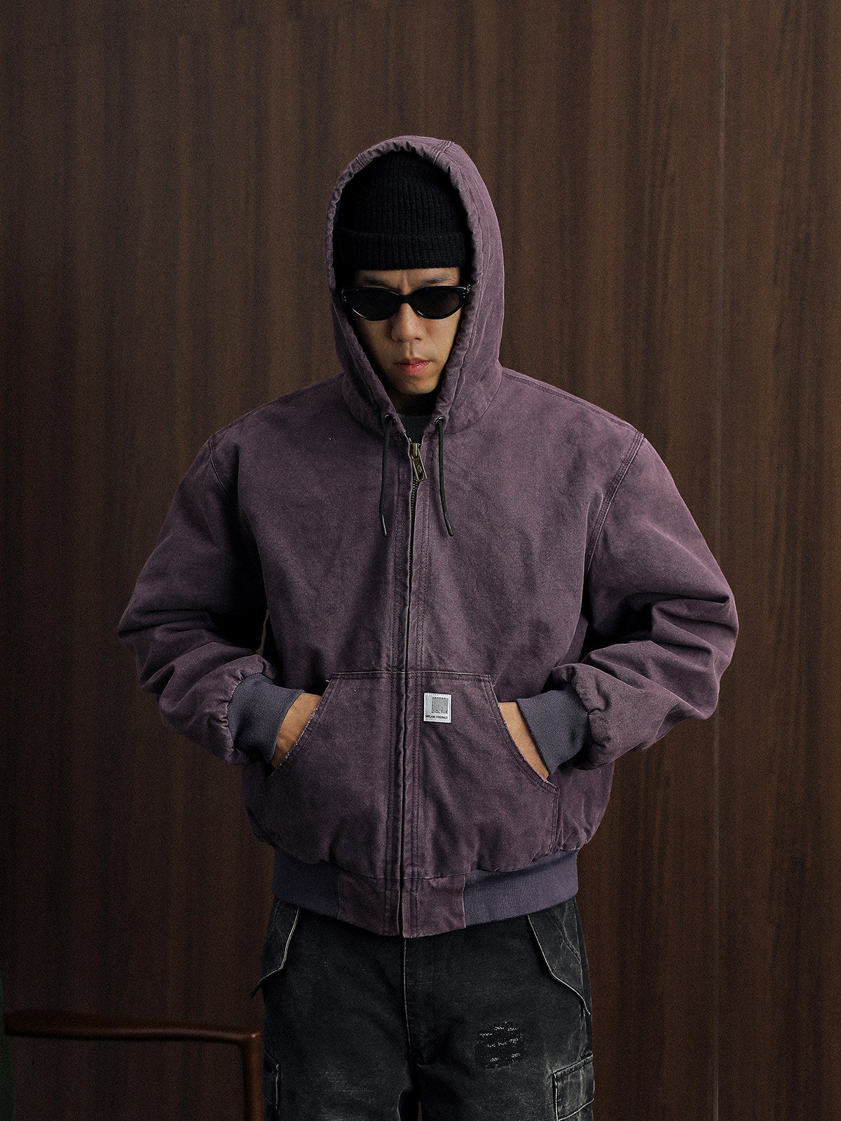 Vintage Wash Distressed Cargo Hoodie Jacket – Thermal Insulated Men's Coat