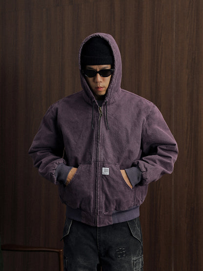 Vintage Wash Distressed Cargo Hoodie Jacket – Thermal Insulated Men's Coat