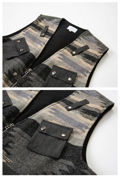 Ethnic Pattern Multi-Pocket Cargo Vest – Loose Fit Autumn Winter Versatile – Vest | japanese streetwear | vintage workwear | unisex | Yamalinclothes