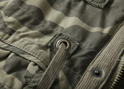 Heavy Distressed Hooded Camouflage Cargo Jacket – Oversized Cotton Outdoor Coat