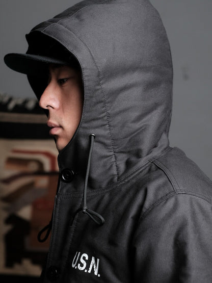 Heavy Wool Hooded Deck Parka – Long Padded Military-Style Jacket