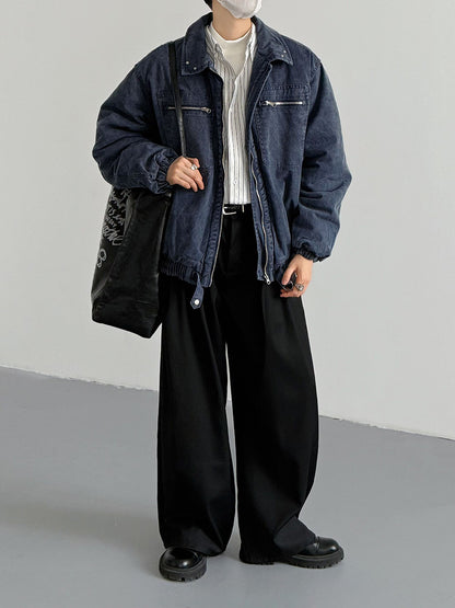 Vintage Distressed Padded Denim Jacket – Oversized Men’s Zipper-Trim Quilted Trucker Coat